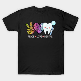 Peace Love Dental Leopard Heart Rainbow Teeth Cute Dentist T-Shirt